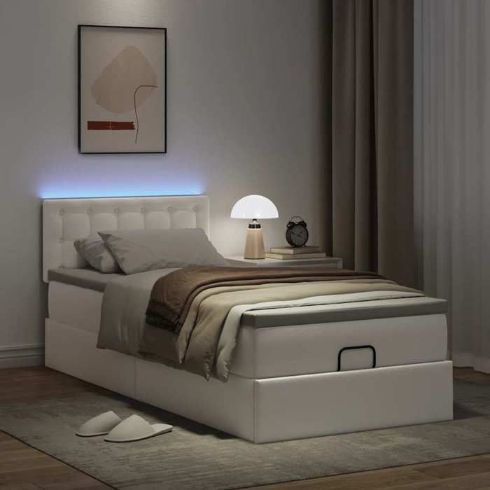 Cadre de lit avec matelas - Maison Exclusive - 90x200cm - Similicuir blanc - Rangement sous le lit