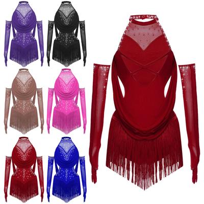 Детский латинский купальник с драпировкой из сетки, бахромой, блестящими стразами и сетчатыми перчатками