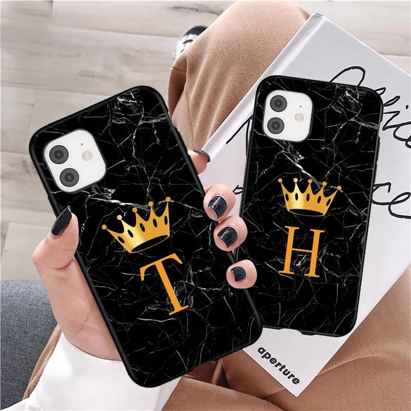Чехол для телефона с буквами от A до Z для Iphone 13 Pro Max 11 12 Mini X XR XS Max 12 Pro 8 7 Plus SE 2020, черный чехол с мраморным узором