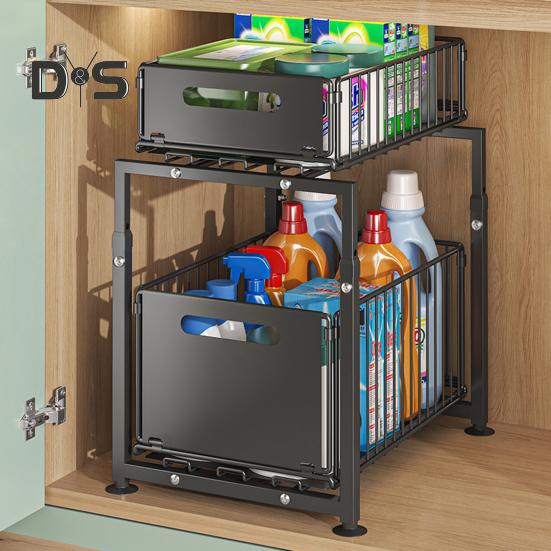 Стеллаж для хранения на кухне, прочный, большой грузоподъемности, регулируемая высота, двухъярусный органайзер под раковиной с выдвижными ящиками