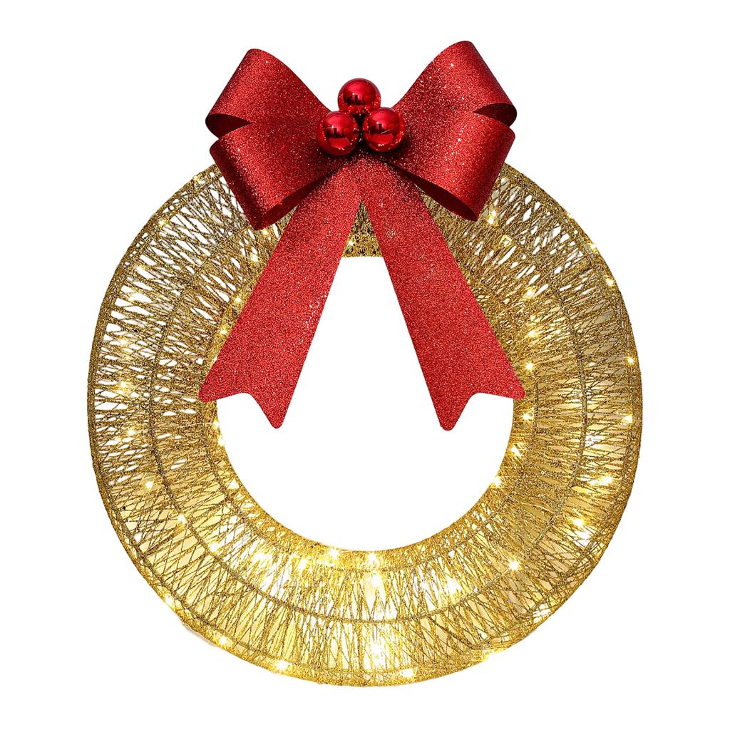 Christmas Metal Light Up Wreath With LED Warm Lights And Ribbon Bow Holiday Decoration