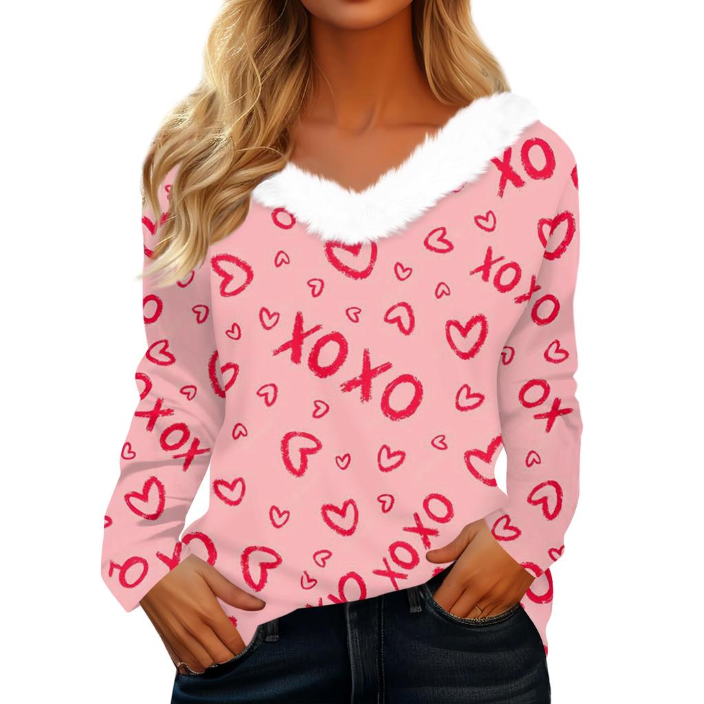 Women's Valentine's Day Printed Long-Sleeved Shirt, V-Neck, Casual Loose-Fitting T-Shirt Top