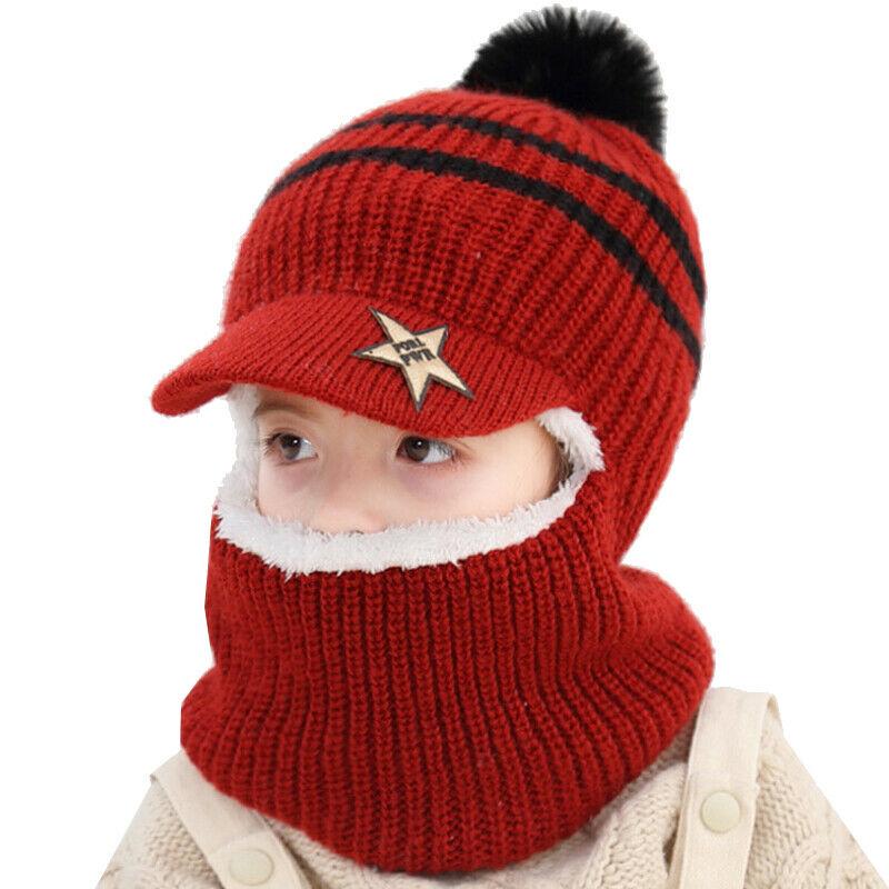 Toddler Kid Winter Hat+Scarf Set Boys Girls Warm Knitted Fleece Beanie Cap Scarf
