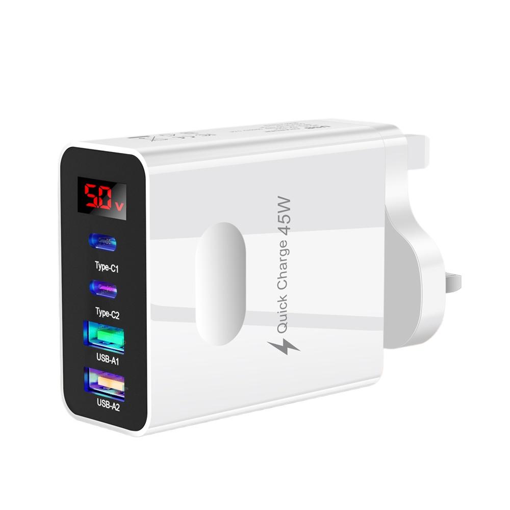 45 Вт USB C зарядное устройство 4 порта быстрая зарядка цифровой дисплей мобильный телефон адаптер для iPhone 16 15 Xiaomi Huawei QC 3.0 настенное зарядное устройство PD