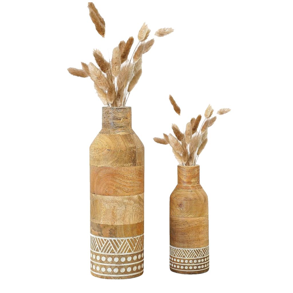 Набор деревянных ваз для цветов (2 шт), Boho Engraved Design Wooden Flower Vase Set of 2, Behoma