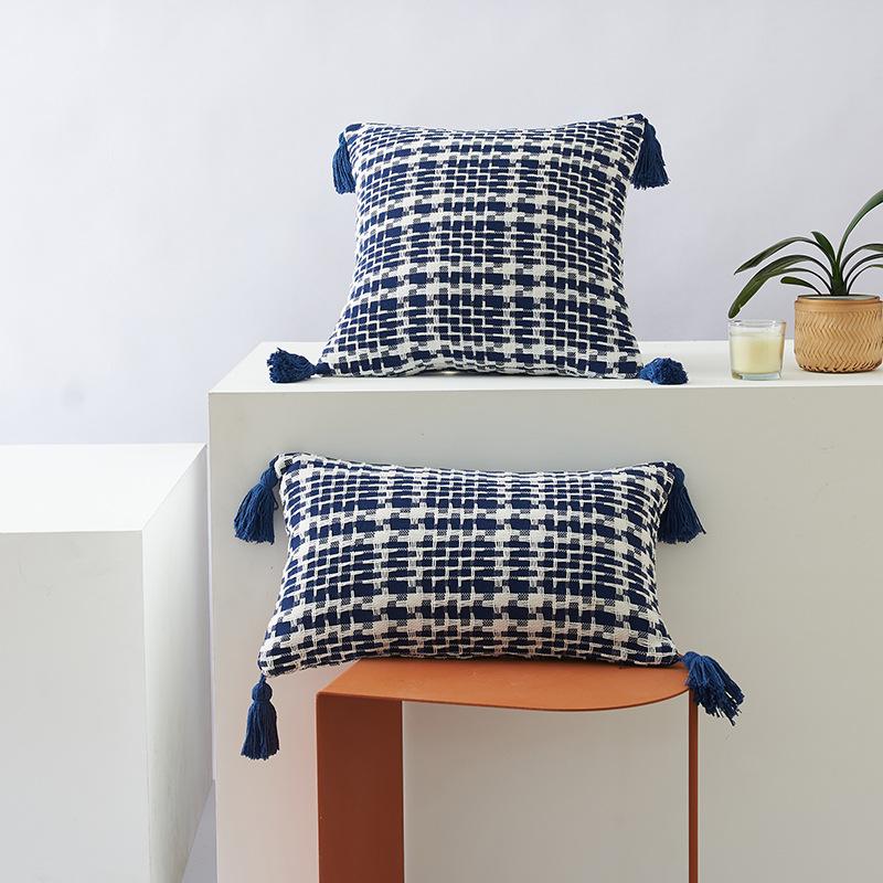 Двухцветная тканая подушка в гусиную лапку Полиэстер-хлопок Кисточка Двусторонняя Офисная Модная в стиле Инс Диванная подушка Чехол для подушки