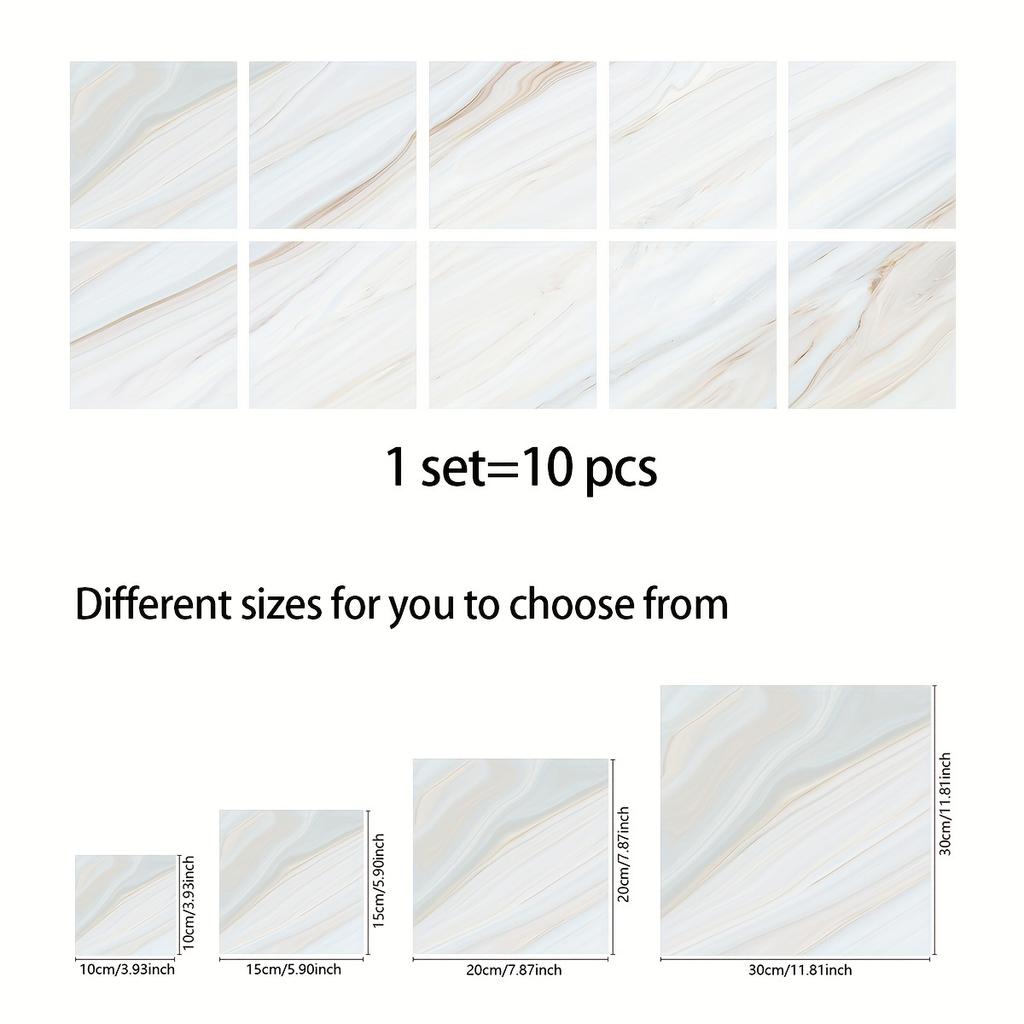 10pcs Self-adhesive Removable PVC Imitation Tile Stickers Simple Marble Pattern Square Waterproof Wall Stickers For Home Decor