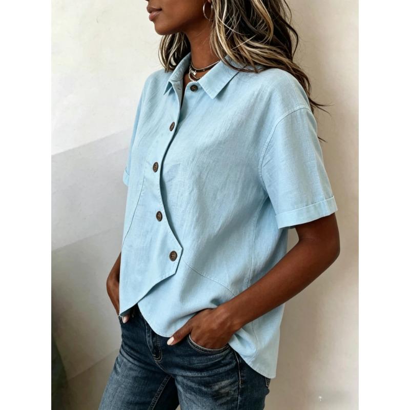 Women Light Blue Lapel Irregular Diagonal Button Short Sleeve Irregular Hem Loose Casual Blouse