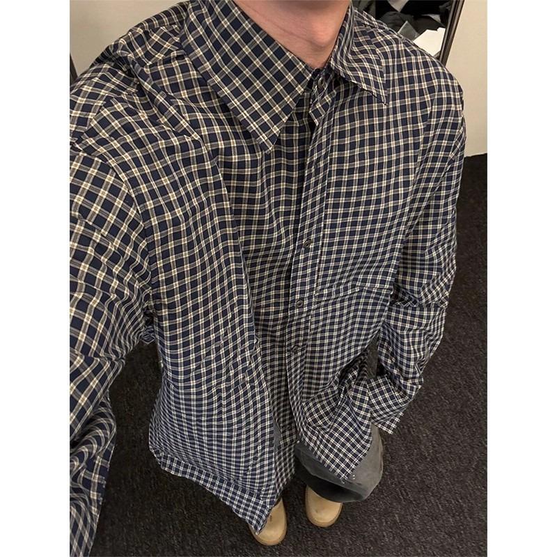 Vintage Plaid Long Sleeve Men Casual Shirt Summer Breathable