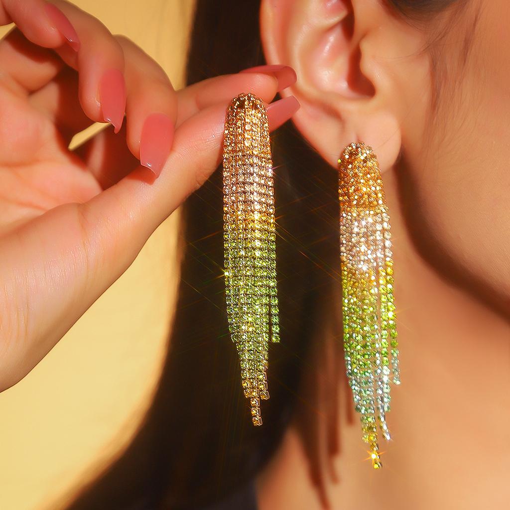 Colored Shiny Rhinestone Long Fringed Earrings