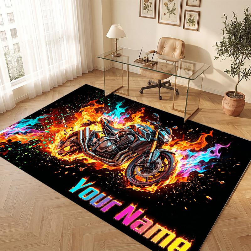 Motorcycle Biker Theme Soft Crystal Velvet Rug Custom Name & Text Print Non Slip Floor Rug for Bedroom Living Room