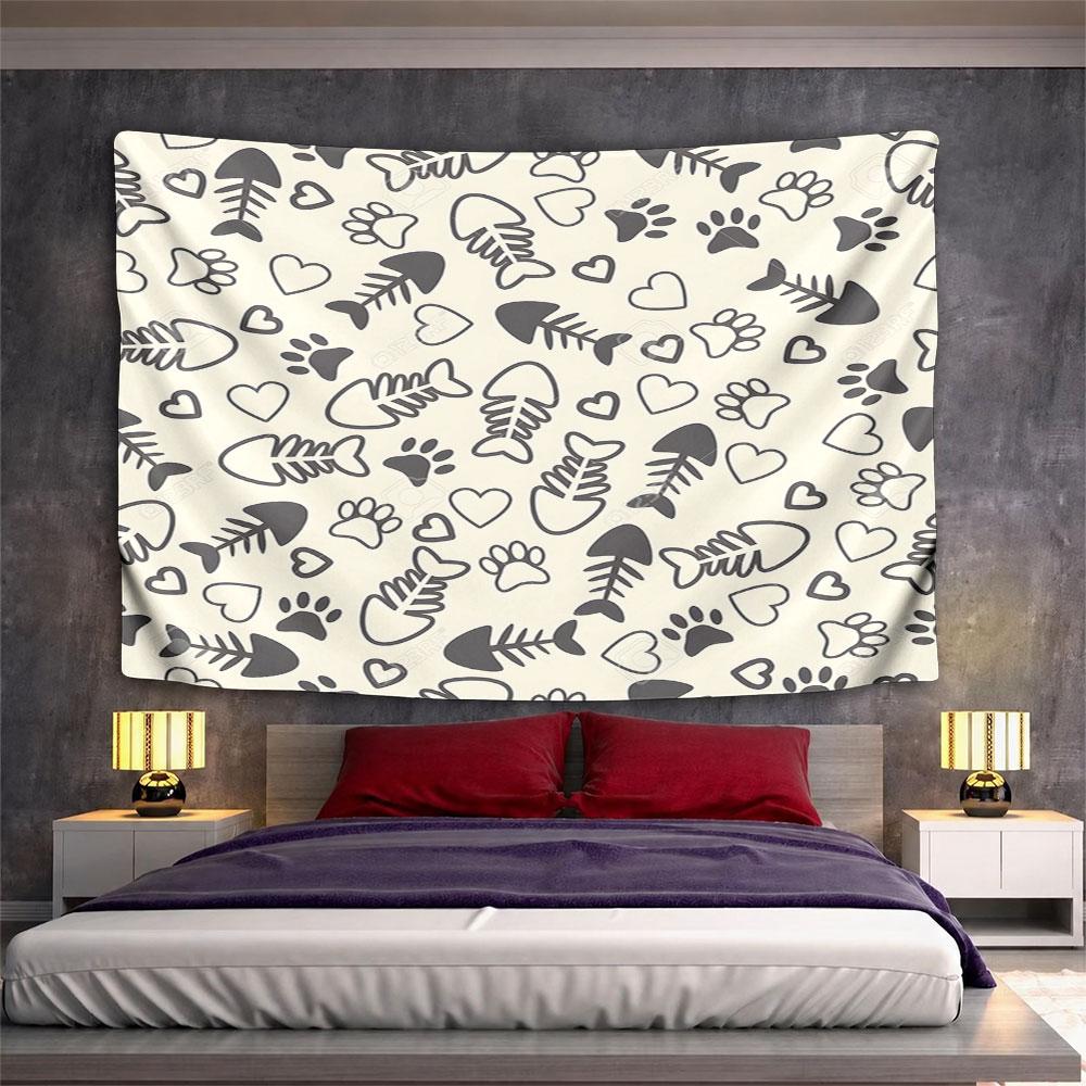 Fish Bones and Paw Prints Pattern Pattern Wall Hanging Tapestry Decorative Tapestry Home Decor for Bedroom and Living Room