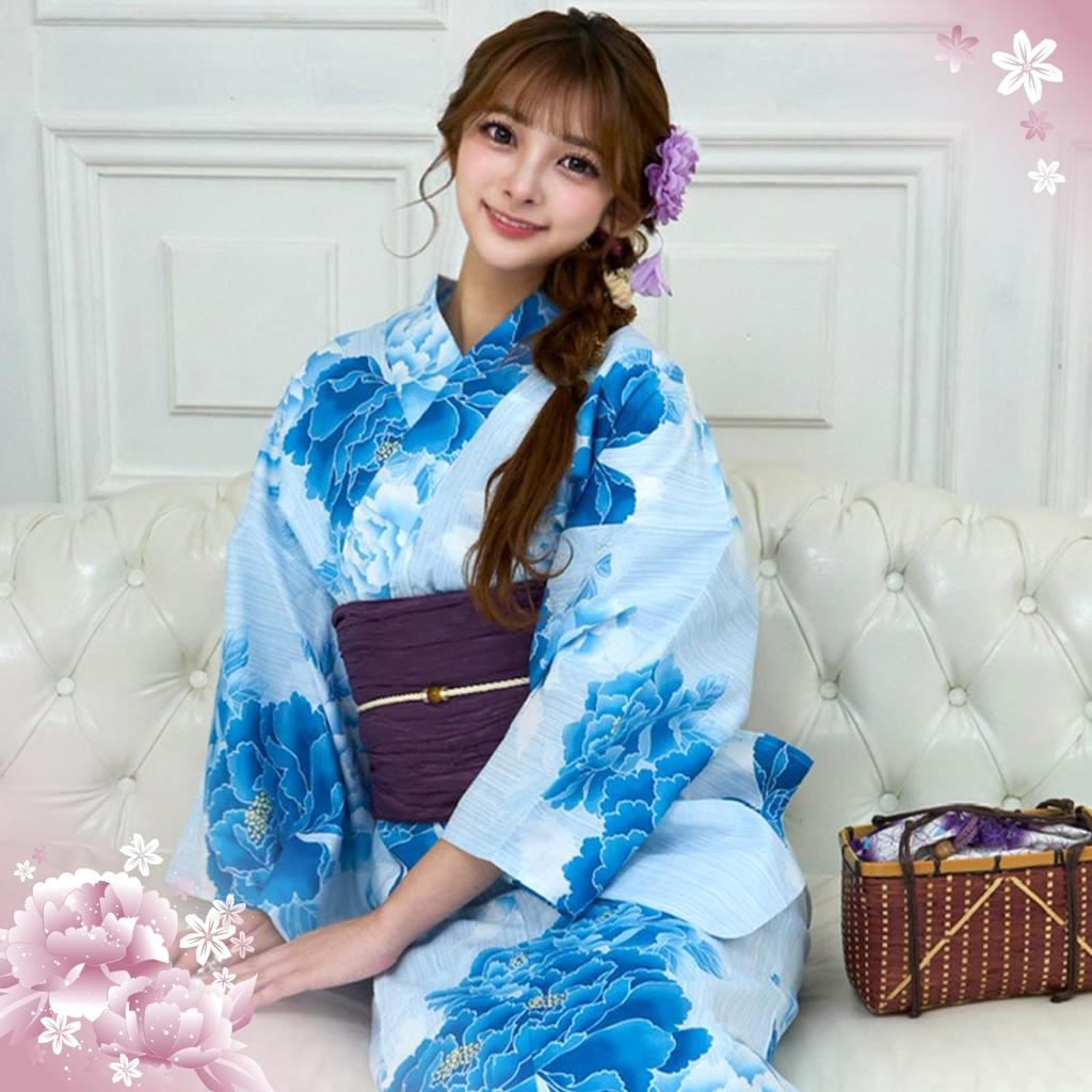 RAVIR Yukata Pale Blue Peony Fluffy Obi and Geta One Size Fits All Women's 3-Piece Set, Pattern, Belt, Sandals, Blue,