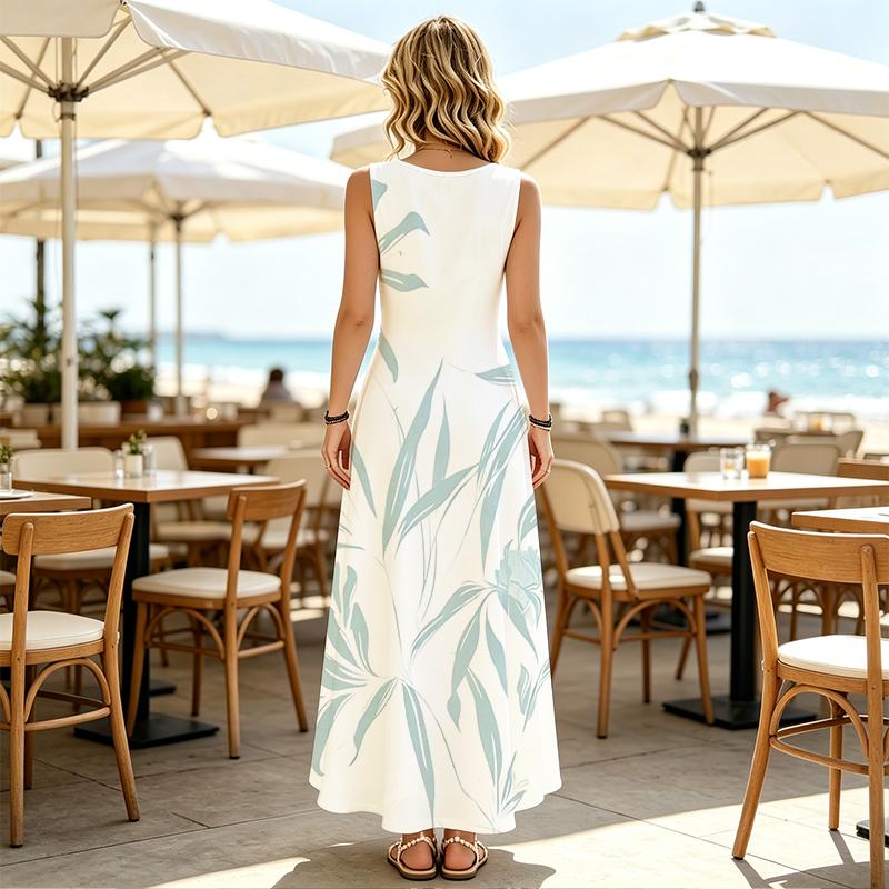 Loose Fit Vacation Maxi Dress,Minimalist Light Tone Leaves And Bloom Art Print Sleeveless Sundress