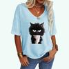 Women Fashion Cat Print T-shirt Loose V Collar Print Top Ladies Casual Short Sleeve Tee Shirt