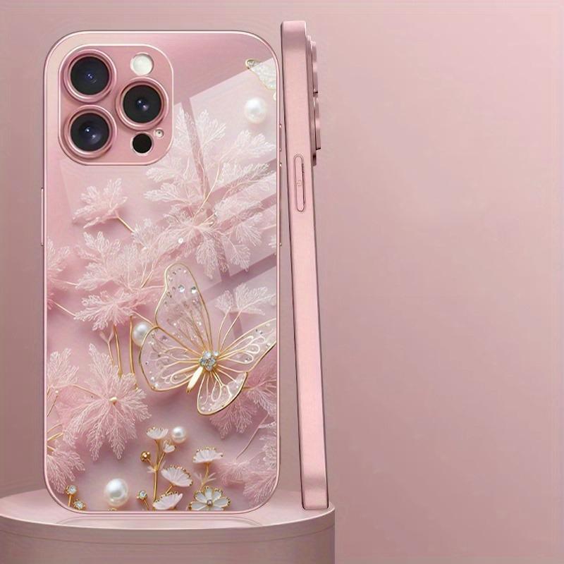 Роскошный чехол для телефона из стекла с розовым узором-бабочкой, розовая металлическая краска, для iPhone 17Air 11 12 13 14 15 16 17 Pro Max Plus 16E