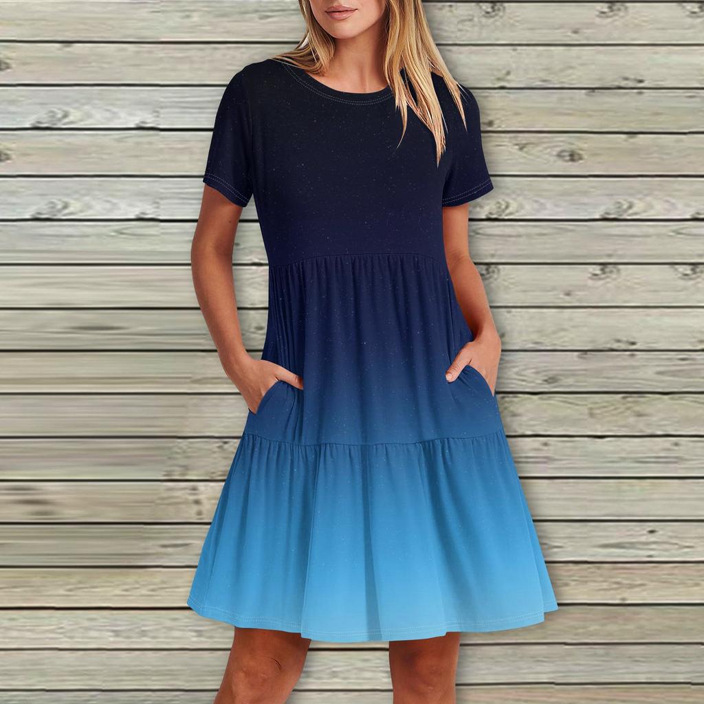 Женское повседневное модное платье-миди с круглым вырезом и коротким рукавом с принтом и карманом