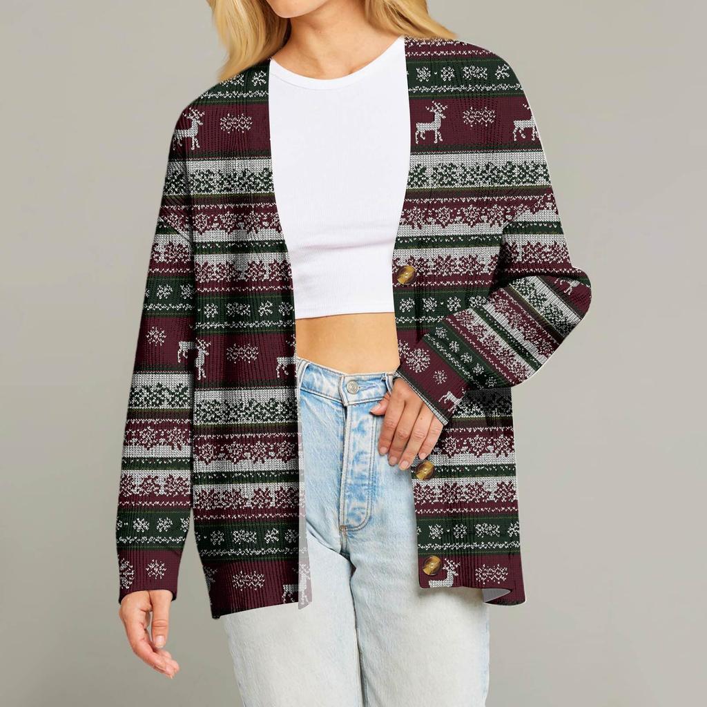 Женский модный кардиган с длинным рукавом, V-образным вырезом, на пуговицах, свободного кроя, с рождественским принтом