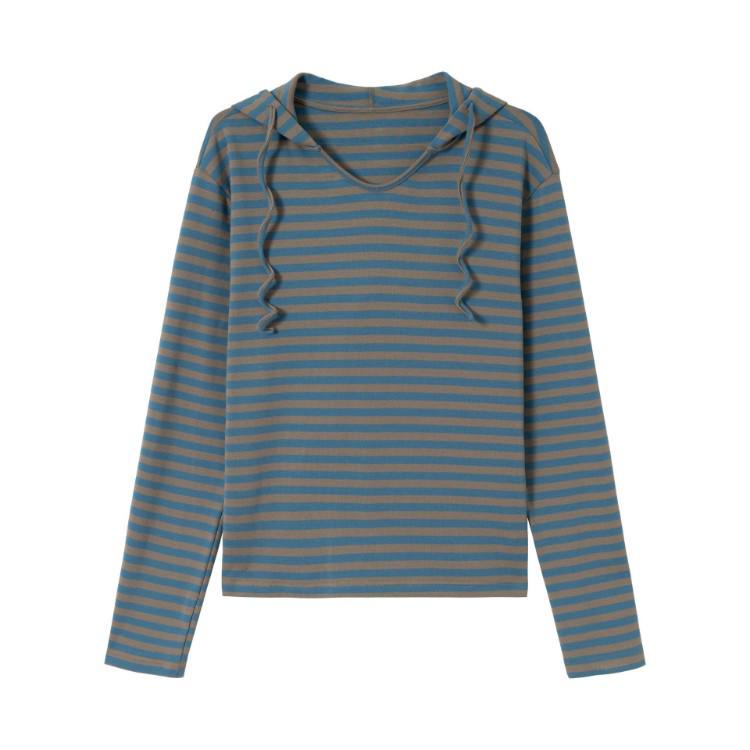 QIYOU 2026 Spring Women's Blue-Gray Striped Retro Casual Slimming Hooded Sweatshirt