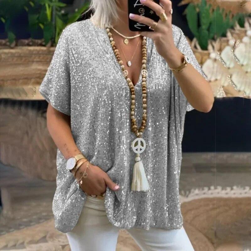 Fashion Sequins V-neck Women Blouse Solid Color Mid Length Shirt Summer Short Sleeve Blouse Women Tops Casual Loose Clothes 30468