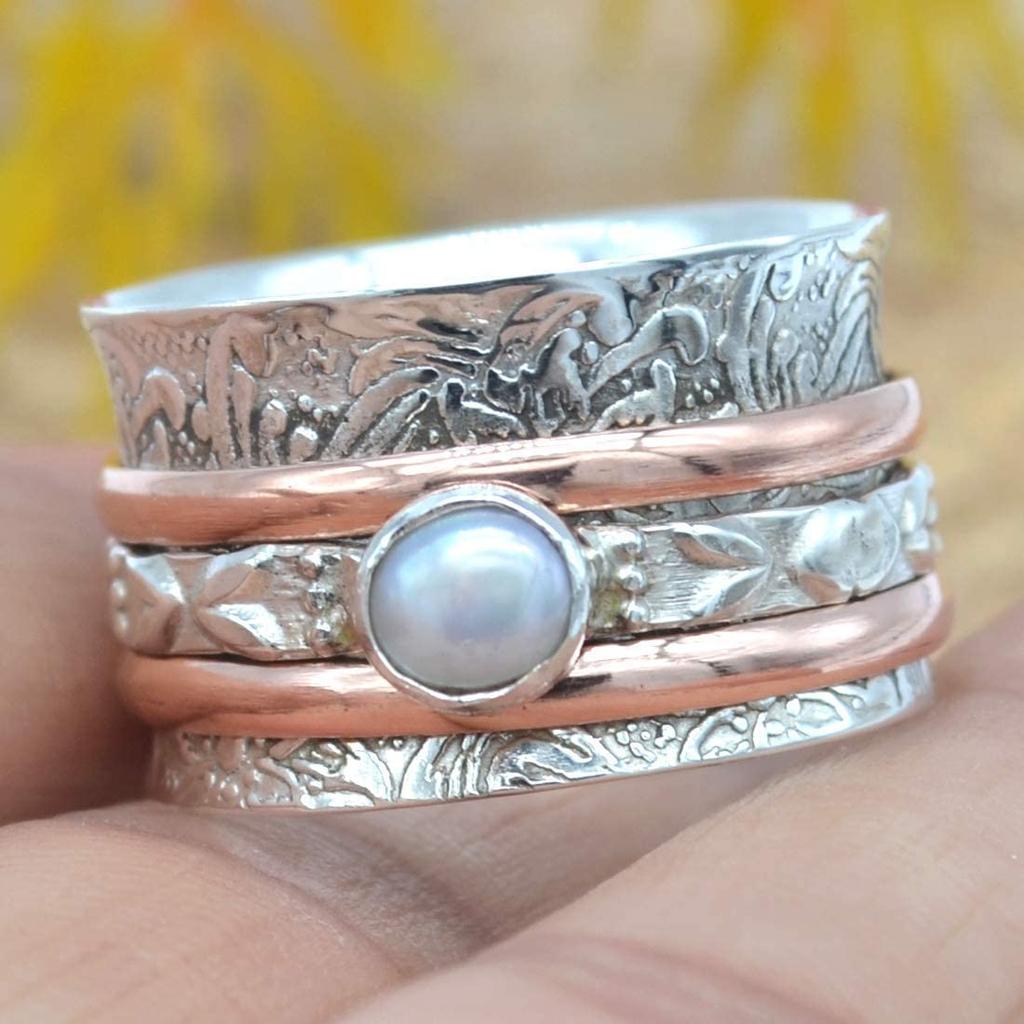 White Pearl Ring, Spinner Ring, Two Tone Ring, Designer Ring, Handmade Ring, Spinner Band, Bohemian Ring, Anniversary Gift
