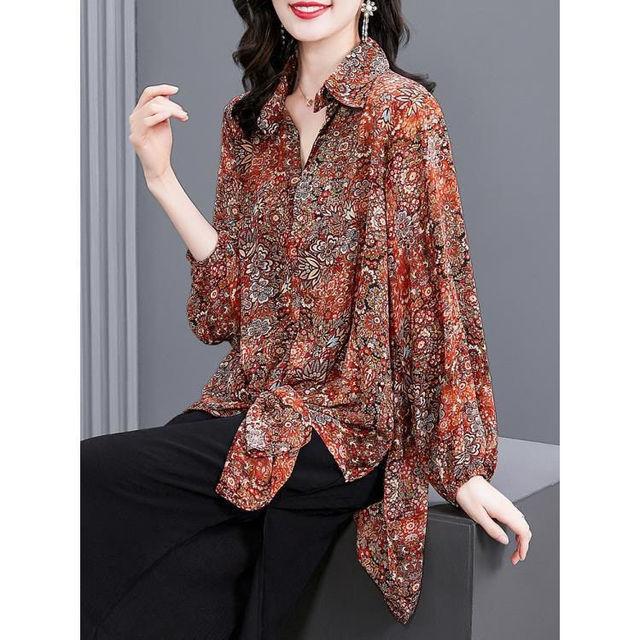 Женский топ, новая весенне-осенняя свободная женская шифоновая рубашка, блузка с отложным воротником и принтом, S-4XL