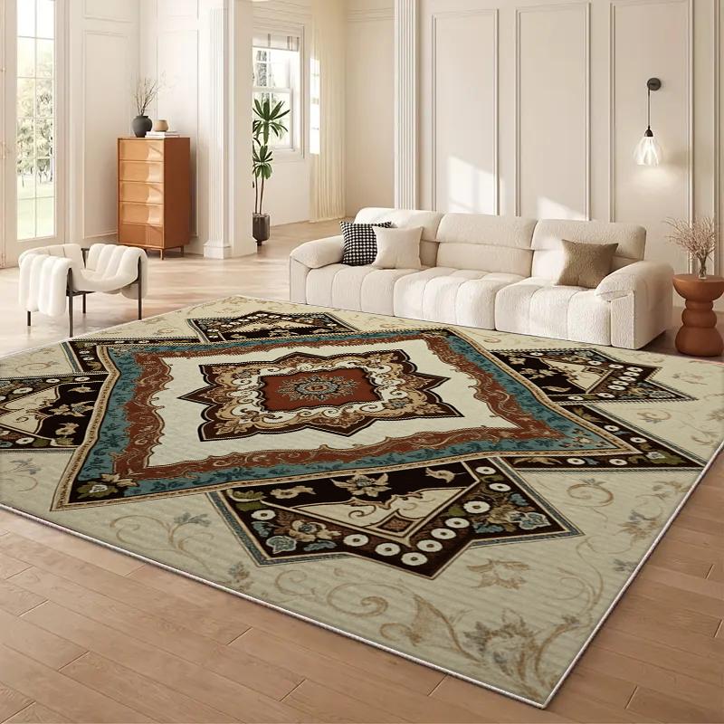 European and American Style Retro Pattern Living Room Rug , Easy-to-clean Bedroom Carpet, Crystal Velvet Dining Room Mat