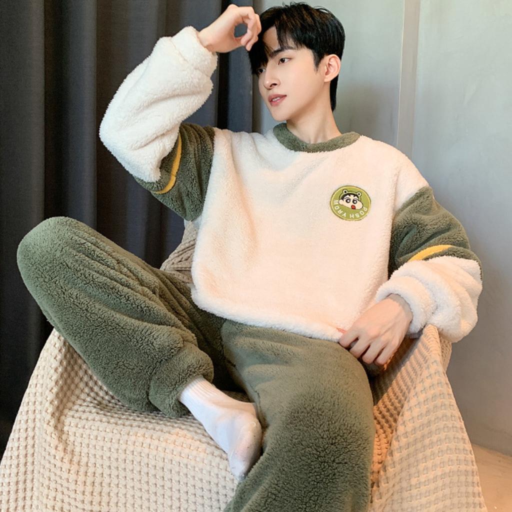 Зимняя одежда, коралловый флис, пижамы, мужская одежда, утепленный флис, круглый вырез, брюки с длинными рукавами, костюмы, домашняя одежда