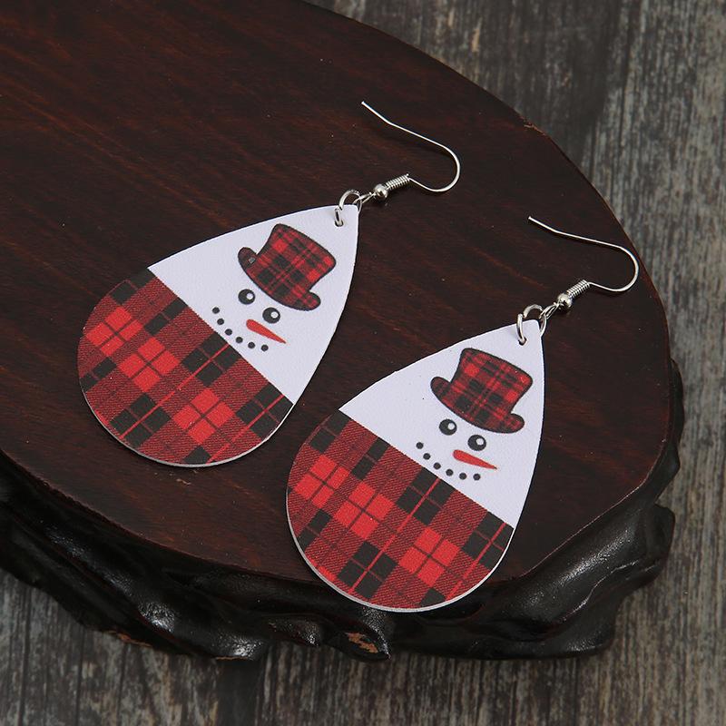 European & American Christmas Red Plaid Snowman Teardrop PU Leather Earrings
