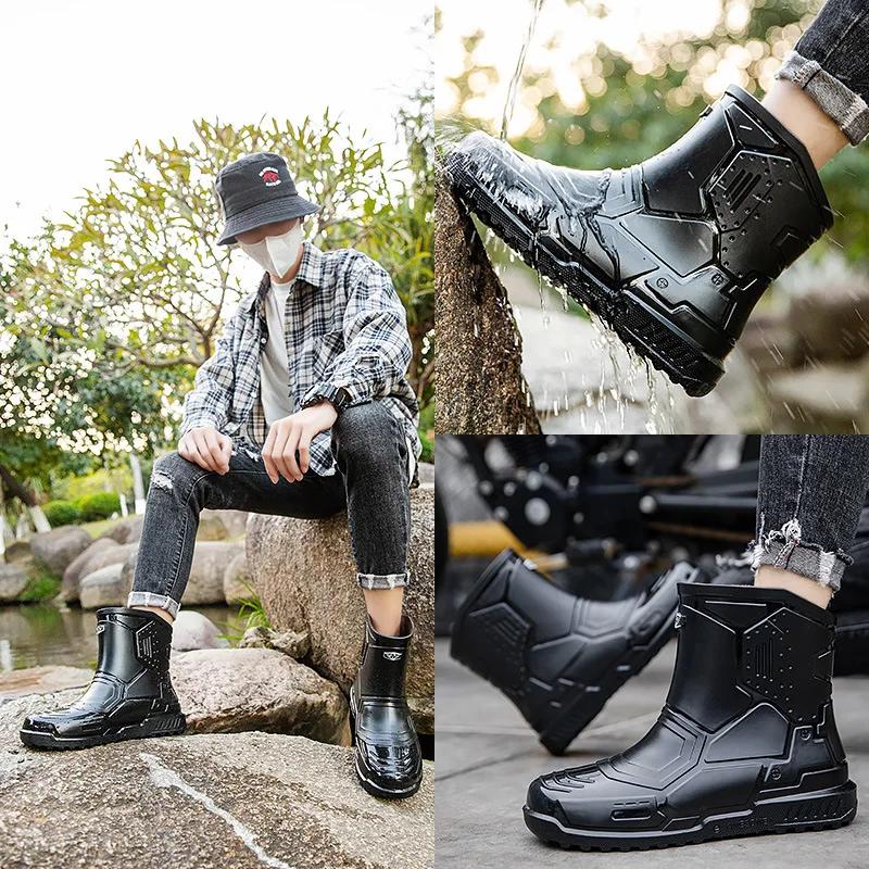 Men's Waterproof Rain Boots Outdoor Solid Color Fishing Boots Fashion Non-slip Waterproof Shoes Solid Color Mid-tube Rain Boots