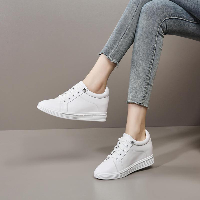 Top layer cowhide Inner height increasing white shoes for women's spring new style real sheepskin insole sports and leisure shoes