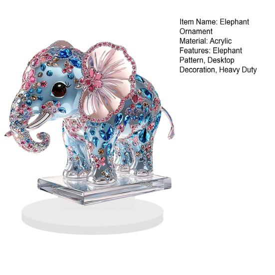 2D Flat Acrylic Elephant Ornament Pink Ears Blue Rhinestone Elephant