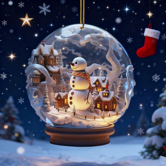 Рождественское украшение в виде снеговика, подвесное, 2D плоское, украшение в виде сферы со снежной сценой, праздничное украшение в виде снеговика