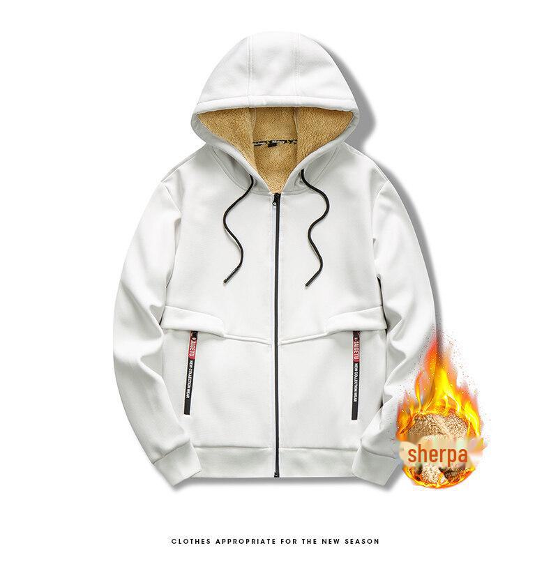 Мужская толстовка с капюшоном из овчины, осень/зима 2023 г., модный однотонный цвет, плюс бархат, утолщенная куртка