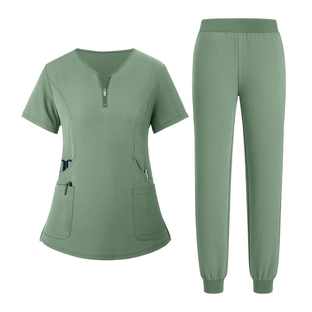 Women's Uniform Quick Drying Fabric Solid Color V-neck Zipper Pocket Short Sleeved Pants Set Caregiver Set