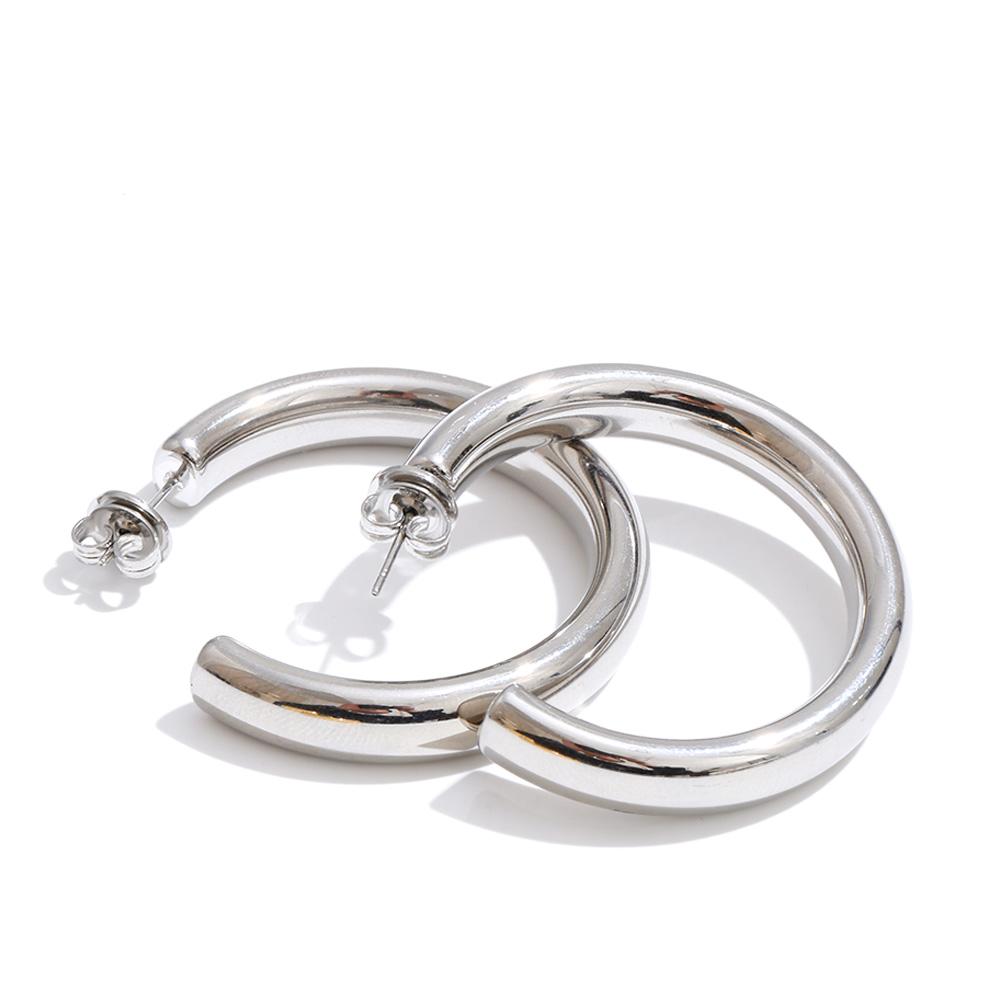 Yhpup 40mm Anti-allergy Stainless Steel C Shape Round Daily Metal Shiny Hoop Earrings Minimalist High Quality Waterproof Jewelry
