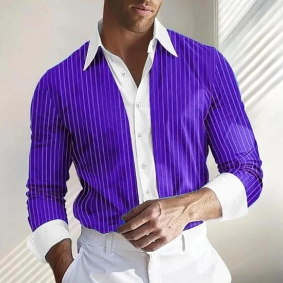 Men Shirt Long Sleeve Lapel Design Shirt Tops with Buttons Placket Striped Print Patchwork Color Work Shirt