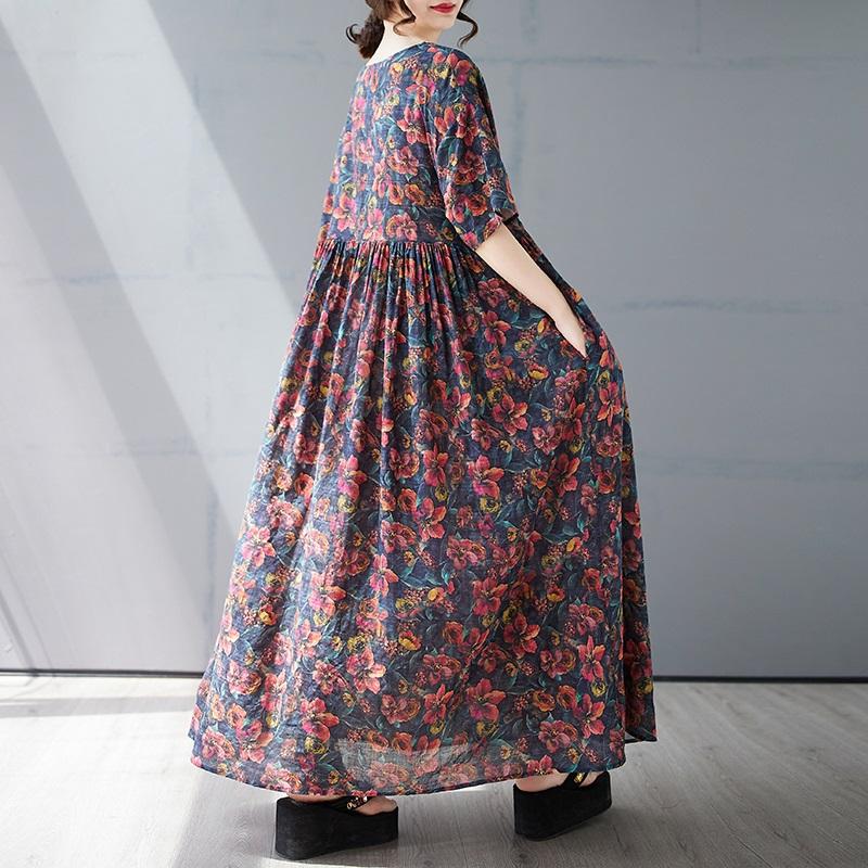 Новые платья из хлопка с короткими рукавами больших размеров и цветочным принтом для женщин, повседневные свободные длинные летние платья
