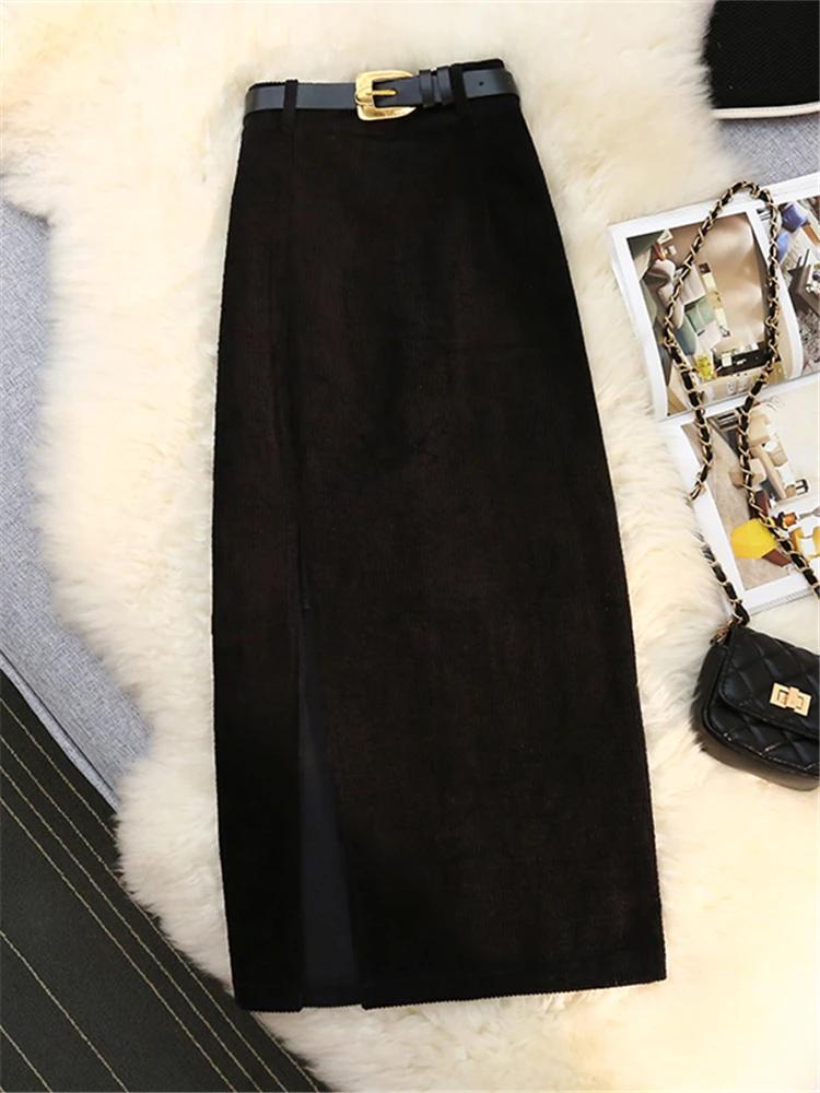Юбки женские вельветовые осенне-зимние с поясом и высокой талией, прямые, классические, с разрезом спереди, женские