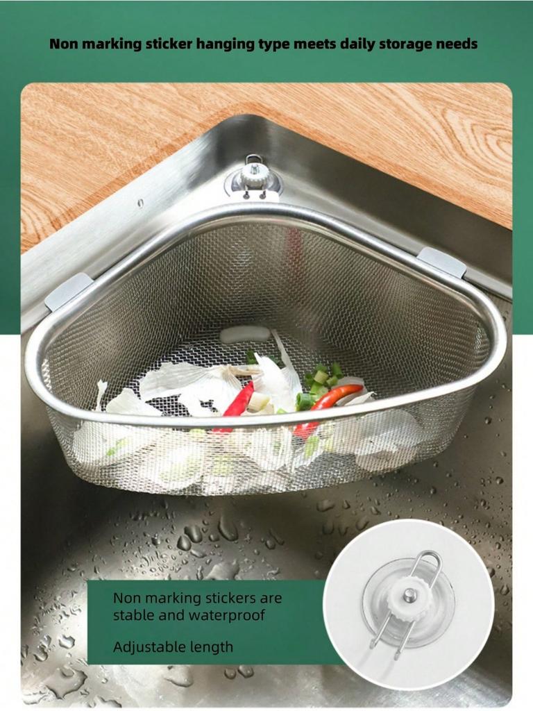Stainless Steel Drain Rack,Dish Cloth&Sponge Holders,Punching-Free Storage Basket,Shelf,Triangle,Kitchen Sink Corner Bathroom
