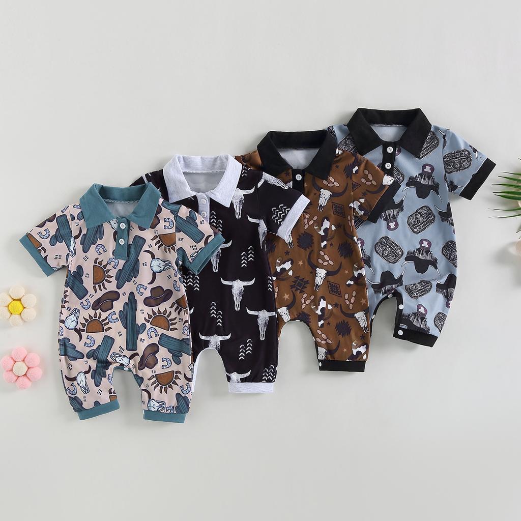 Baby Boys Summer Jumpsuit Casual Bull Head Print Short Sleeve Romper for Newborn Infant