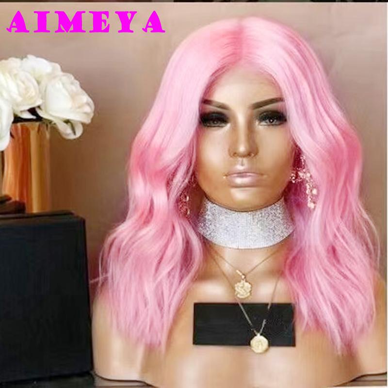 AIMEYA Короткий серовато-блонд боб парик термостойкое волокно волнистый синтетический парик с кружевной передней частью боковой пробор короткие парики парик для косплея