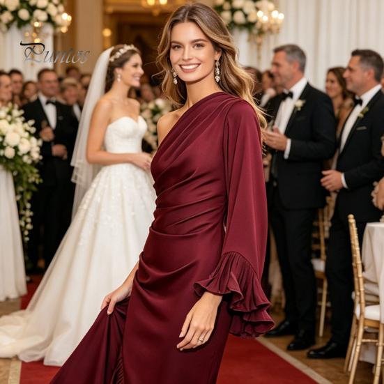 Платье из мягкой ткани для женщин, асимметричное с одним плечом, с рюшами, атласное платье, для официальных случаев, на каждый день, вечернее платье, с длинным рукавом, драпированное, для подружек невесты