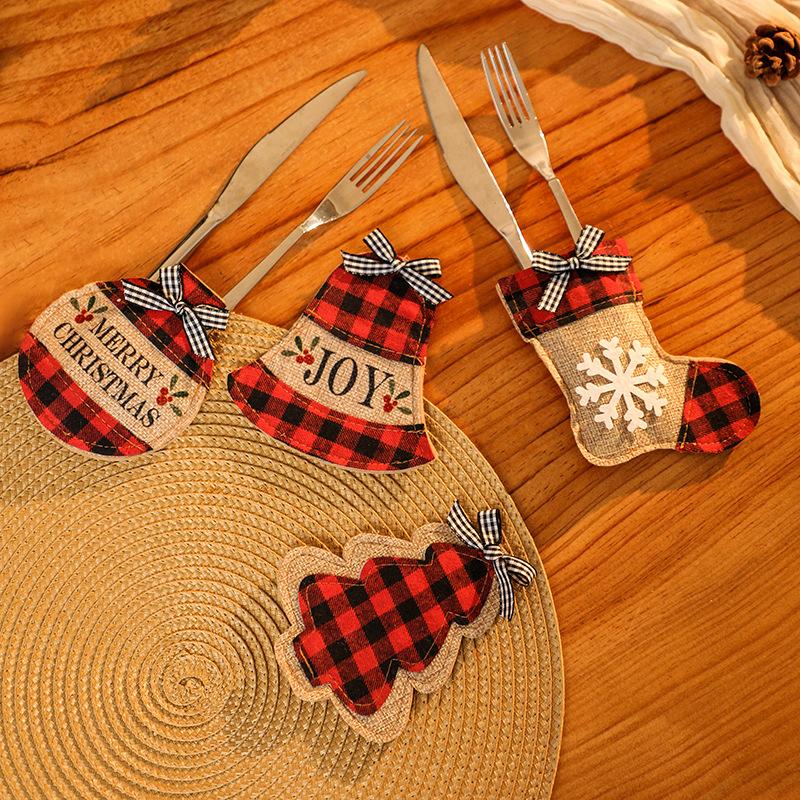 Plaid Christmas Stocking Knife And Fork Set Table Decoration Embroidery Christmas Props Knife And Fork Set Christmas Decoration Ornaments