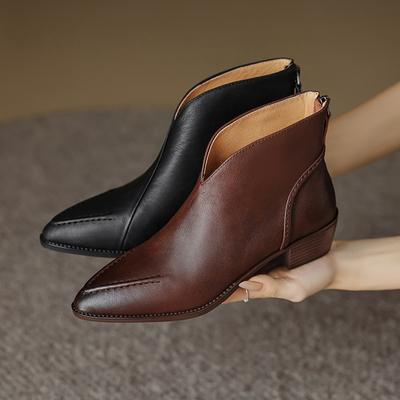 Туфли Qirui Острые толстые каблуки Элегантный ретро Верхний слой из коровьей кожи