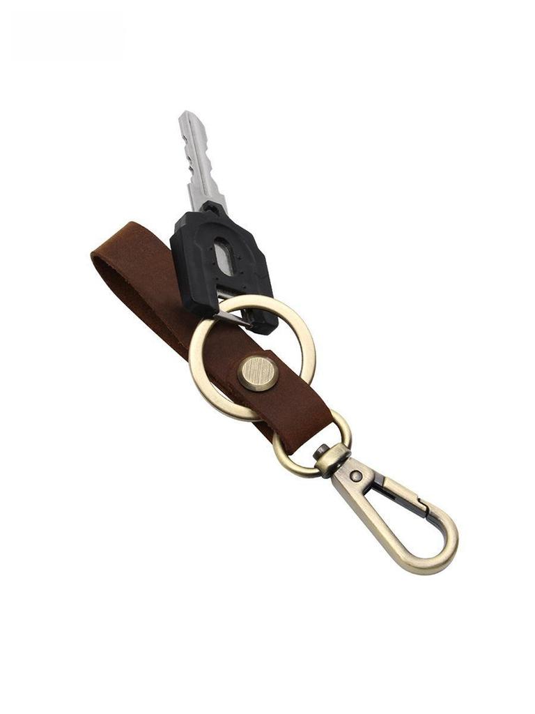 Men's Personalized Crazy Horse Leather Keychain with Metal Ring