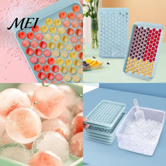 Whiskey Ice Ball Mold Mini Cube Tray with Bin And Scoop, Small Round Non Stick for Coffee Drinks, Easy Release Stackable Silicone Freezer Clean