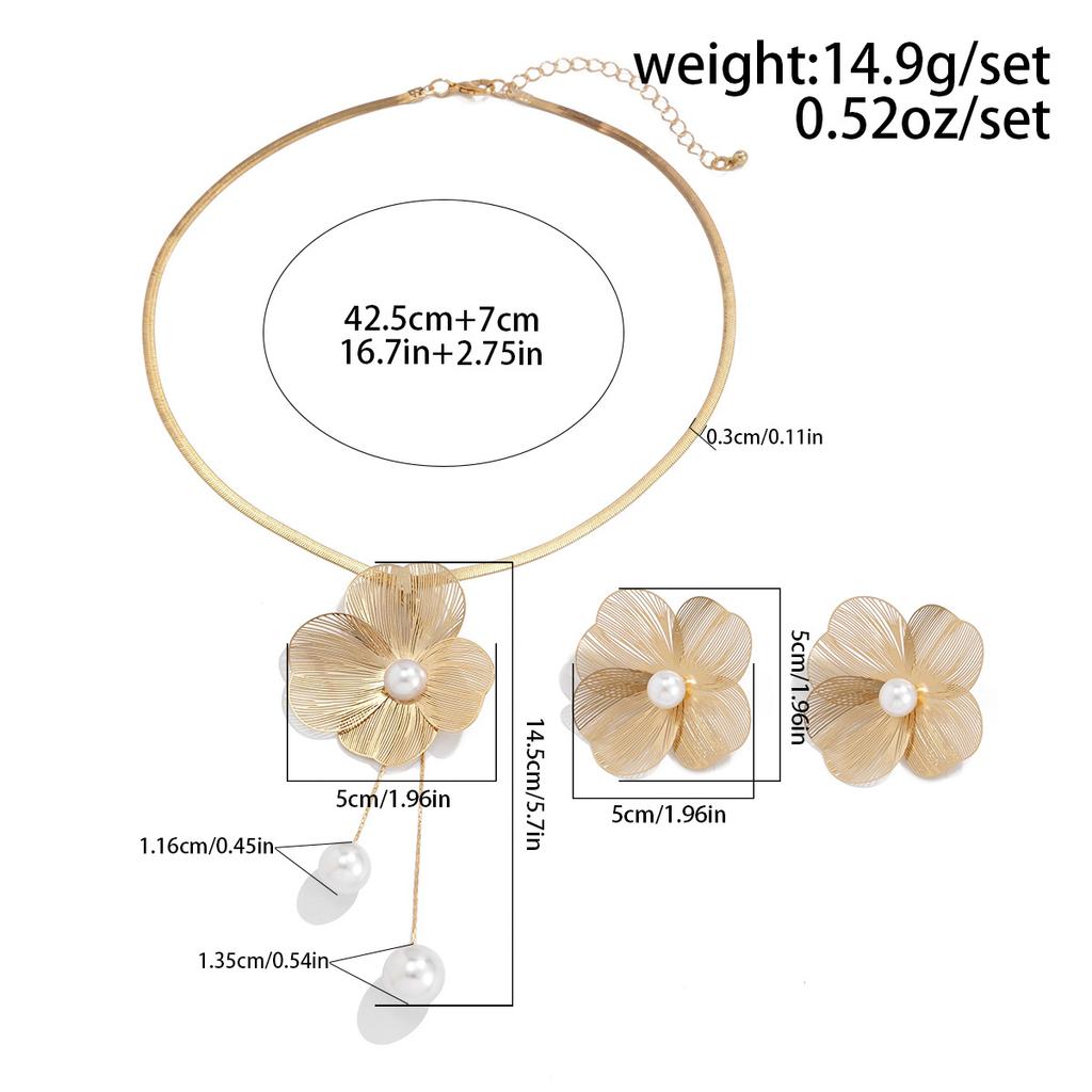 Metal Texture Three-Dimensional Ginkgo Biloba Flower Necklace Sweet Cool Imitation Pearl Fringed Necklace Earrings