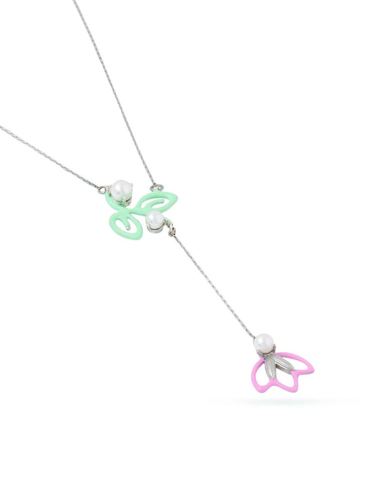 Kicky and Perky 925 Sterling Silver Green and Pink Enamel Studded with Pearl Floral Dangling Pendant with Chain for Women