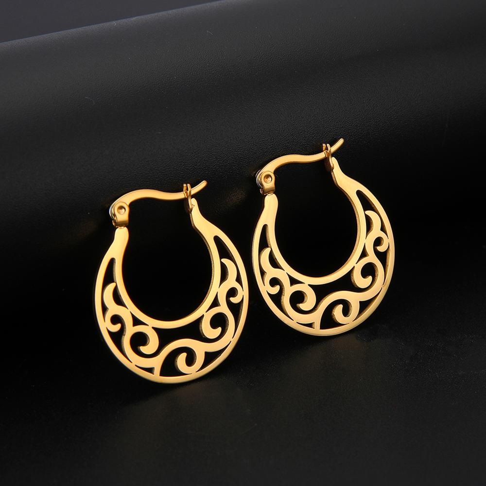 Vintage Flower Tree Hoop Earrings for Women Stainless Steel Gold Round Circle Boho Earring Female Jewelry Gift